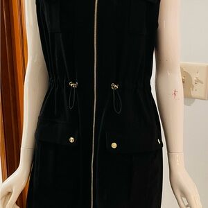 Calvin Klein Black Zip-Front Utility Dress with Gold Hardware
